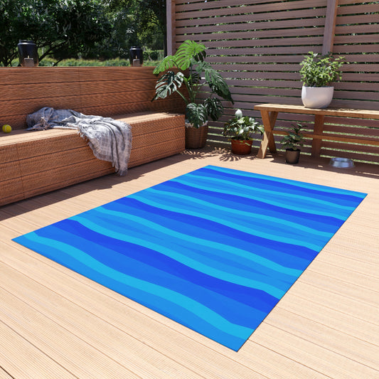 Blue Wave Stripe Outdoor Rug | Coastal Patio Mat