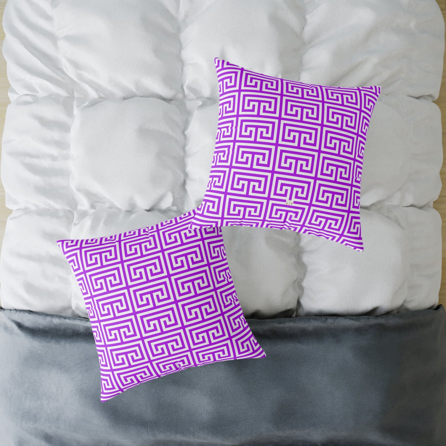 Geometric Purple White Greek Key Pattern Pillow | Square Poly Canvas Pillow
