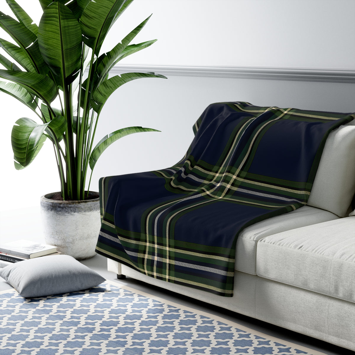 Navy Green Yellow White Tartan Plaid Sherpa Blanket | Cozy Fleece Throw