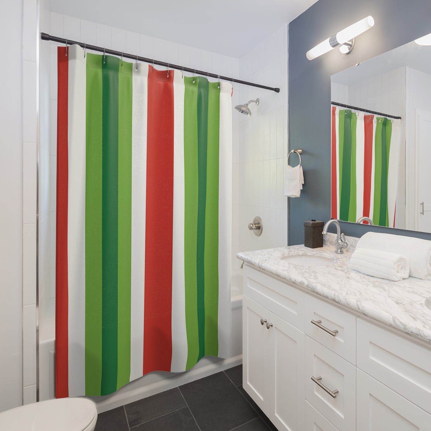 Red and Green Vertical Stripe Shower Curtain | Holiday Color Stripe Bathroom