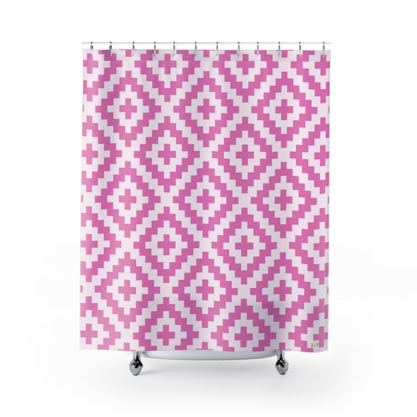 Pink Geometric Diamond Pattern Shower Curtain | Pixel Aztec Bath, Boho Bathroom Accessory