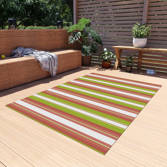 Green Red White Stripe Outdoor/Indoor Rug | Patio Deck Mat, Weatherproof Striped Rug