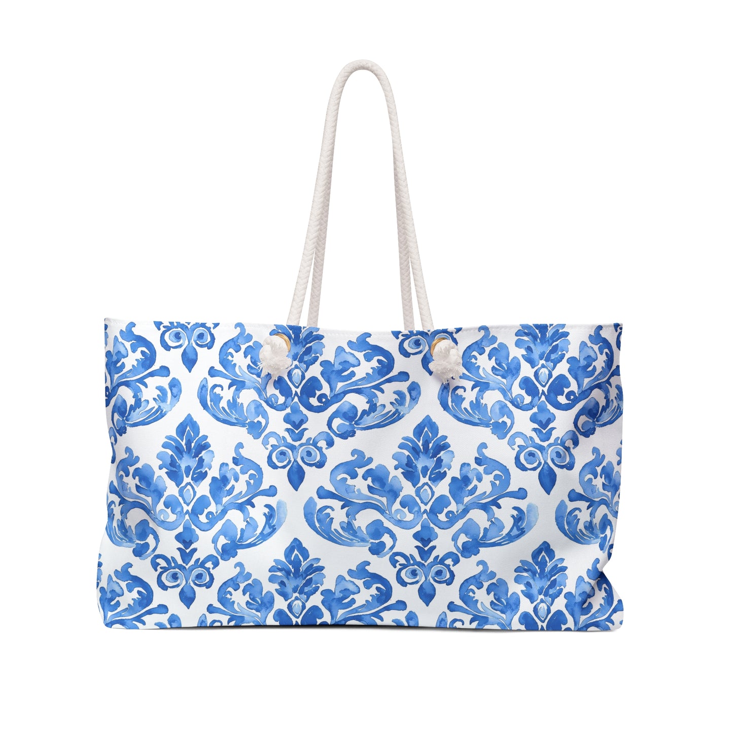 Elegant Blue and White Damask Weekender Bag, Beach Tote, Travel Bag, Overnight Bag, Stylish Carry-On, Perfect for Weekend Getaways