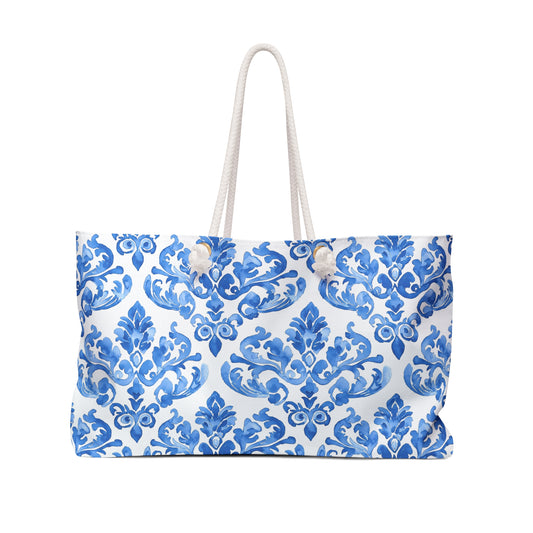 Elegant Blue and White Damask Weekender Bag, Beach Tote, Travel Bag, Overnight Bag, Stylish Carry-On, Perfect for Weekend Getaways - LOLA VEGAS ART