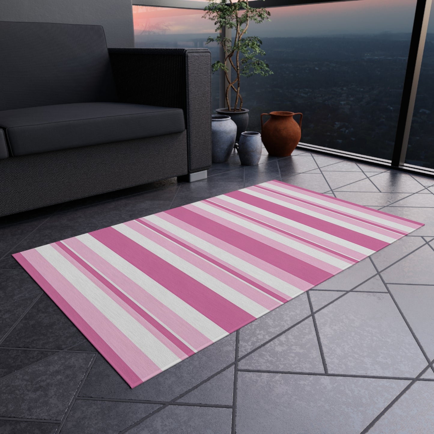 Pink Stripe Outdoor/Indoor Rug | Patio Mat, Waterproof Porch Rug