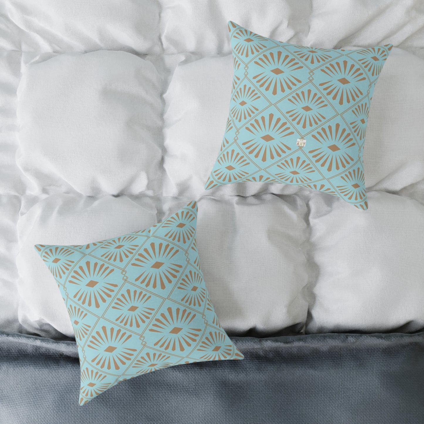 Dark Gold Geometric Fan Pattern Square Poly Canvas Pillow | Turquoise Throw Pillow
