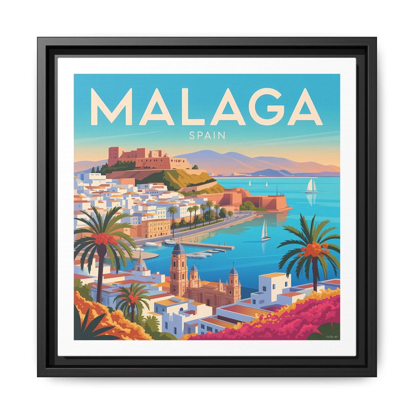 Malaga Spain Coastal  Matte Canvas Framed Wall Art| Vintage Style Travel Art
