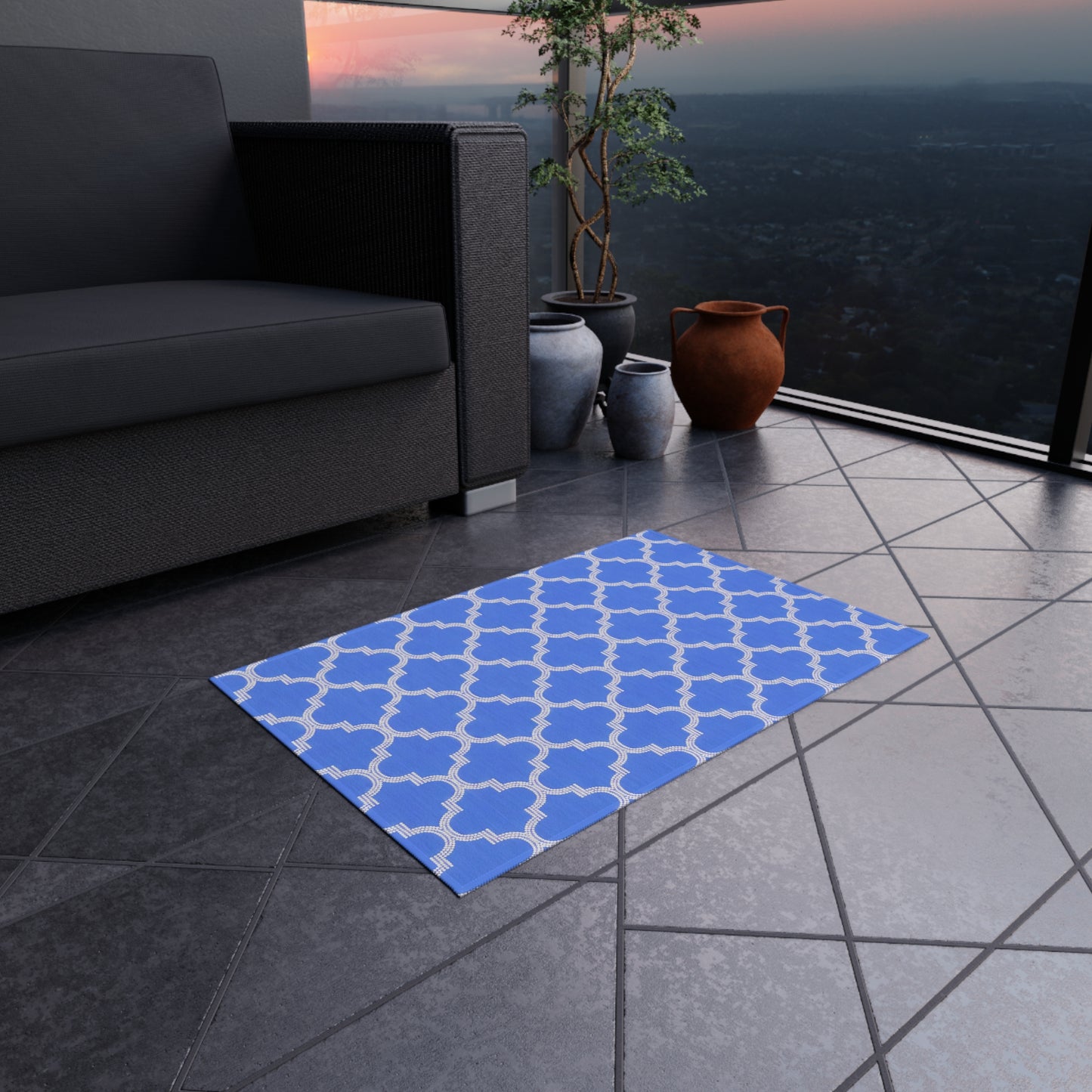 Blue Periwinkle Moroccan Trellis Outdoor/Indoor Rug | Geometric Patio Mat