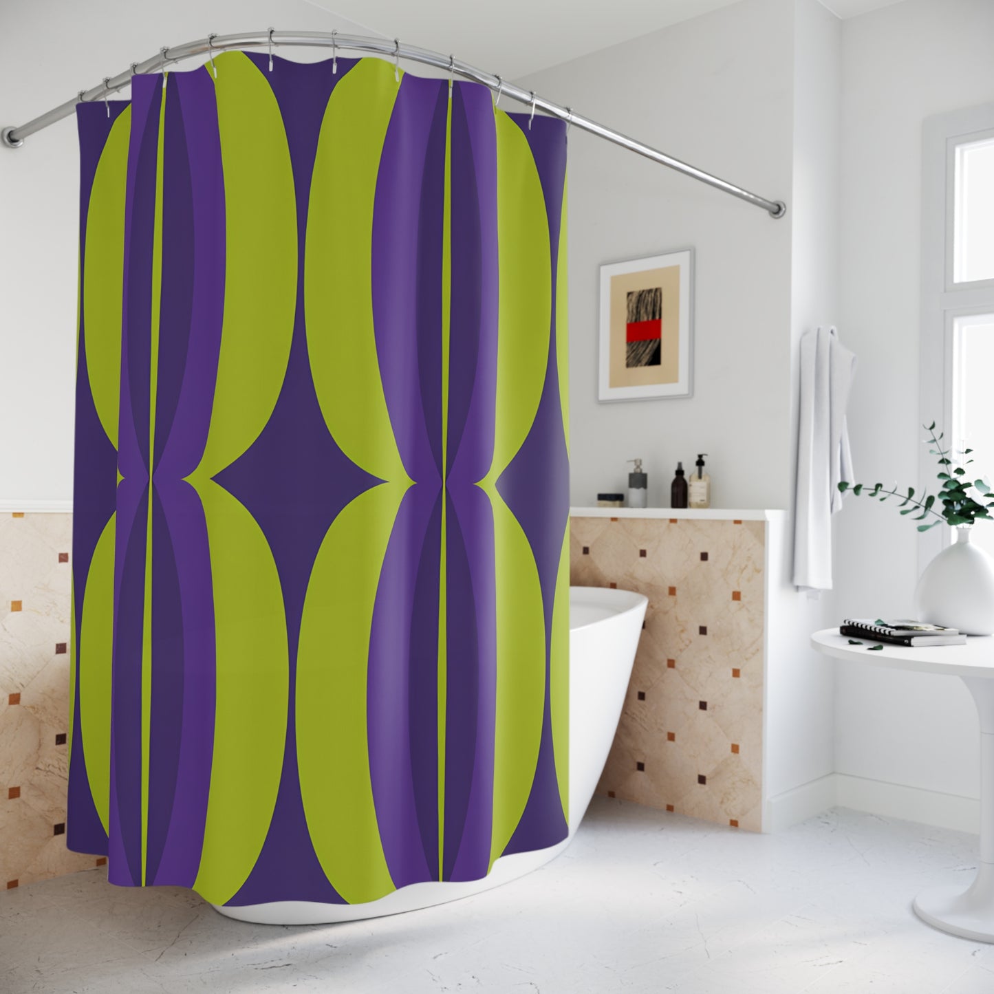 Retro Geometric Oval Pattern Shower Curtain | Purple Lime Mid Century Modern