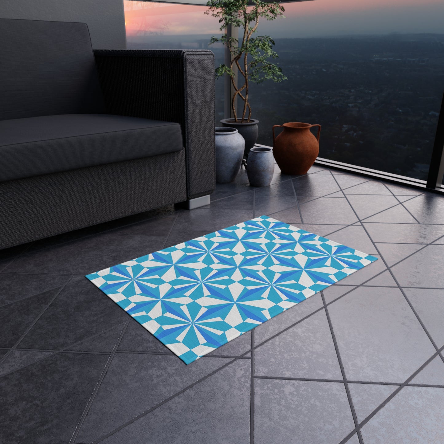 Blue White Geometric Pinwheel Pattern Outdoor/Indoor Rug | Patio Mat