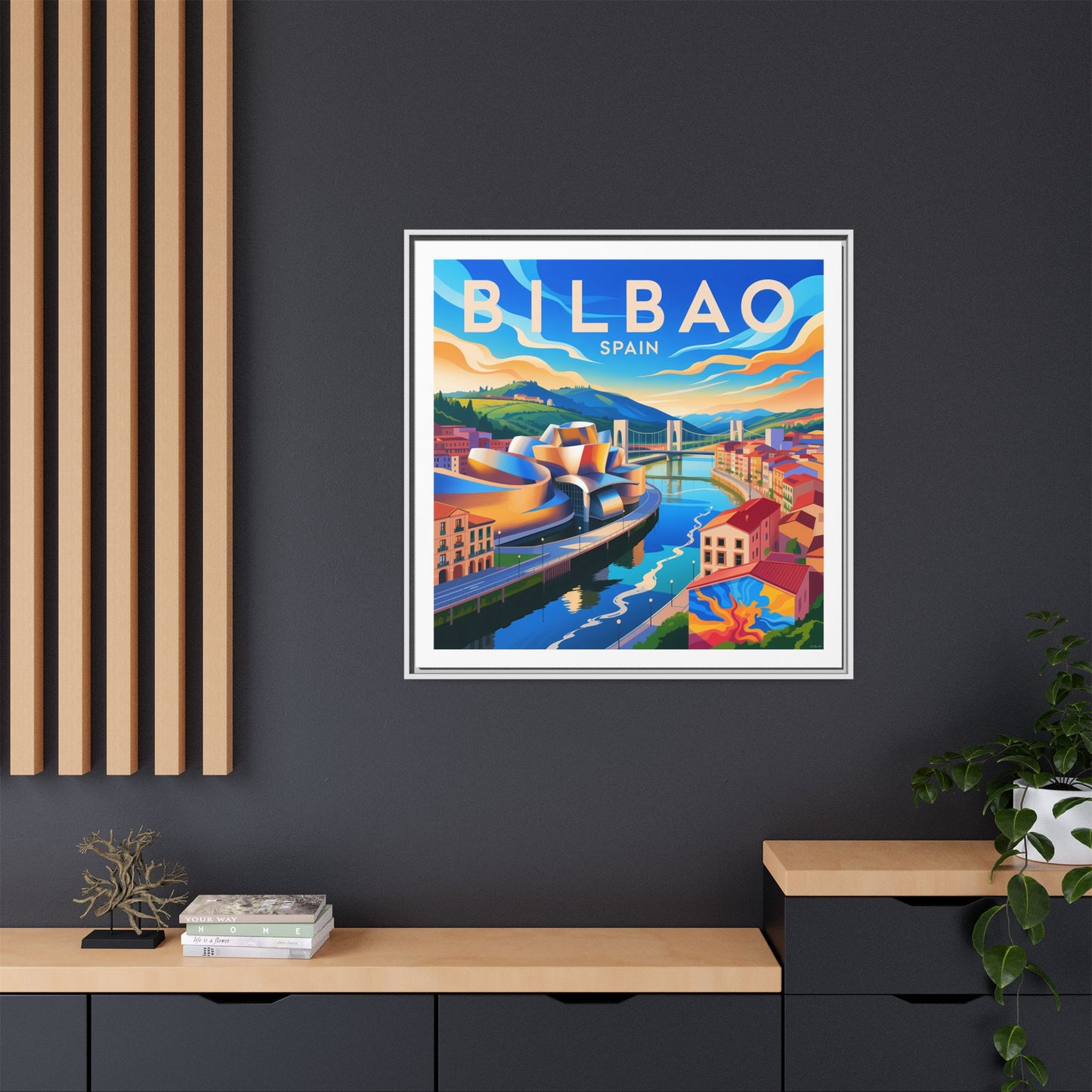 Bilbao Spain travel art Matte Canvas Framed | Bilbao cityscape wall art