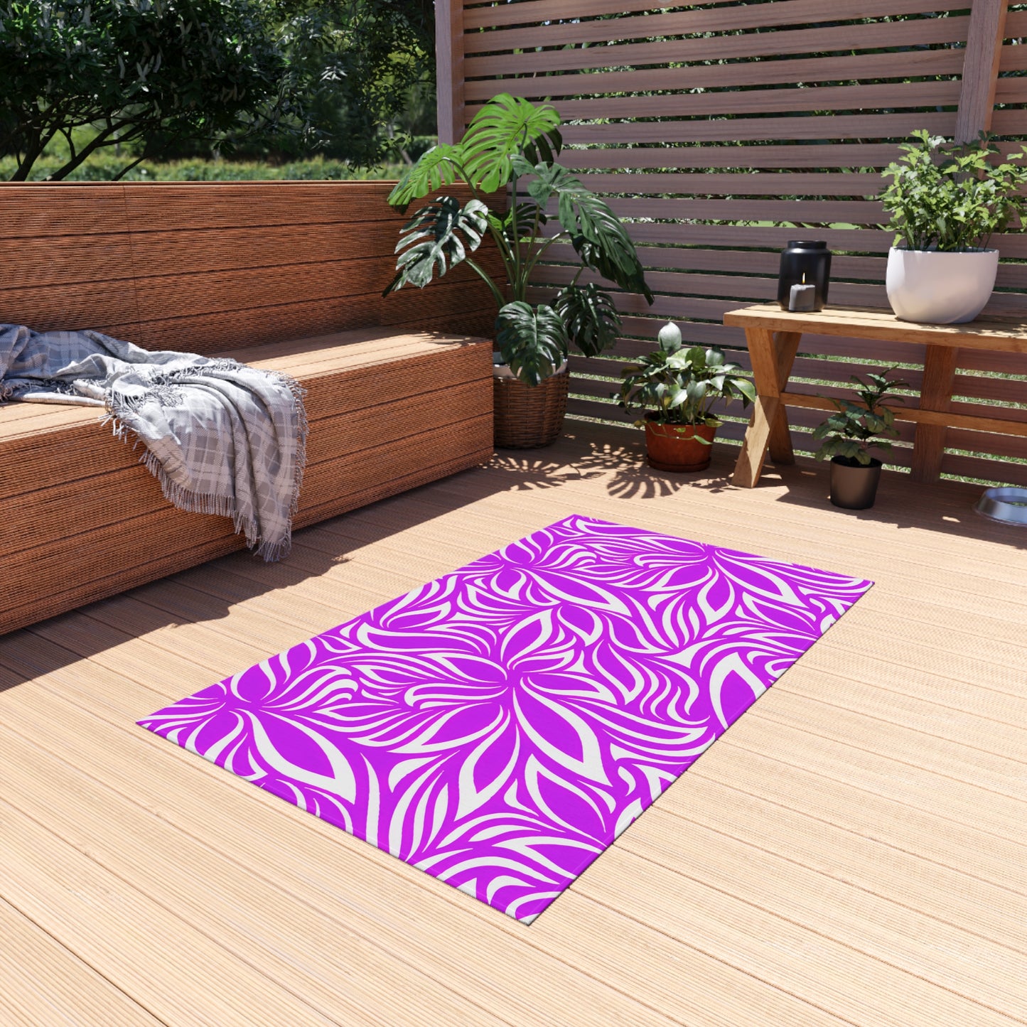 Magenta White Floral Pattern Outdoor/Indoor Rug | Tropical Leaf Medallion Patio Mat