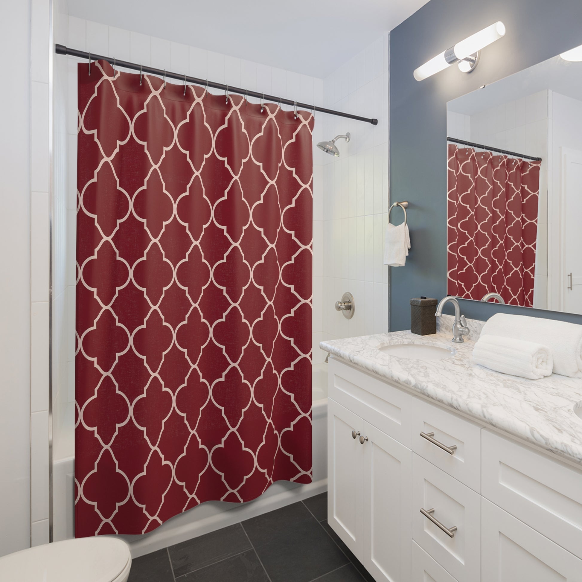 Elegant Geometric Shower Curtain, Stylish Bathroom Decor, Modern Home, Holiday Gift Idea, Luxe Bathroom, Dark Red Moroccan Quatrefoil - LOLA VEGAS ART