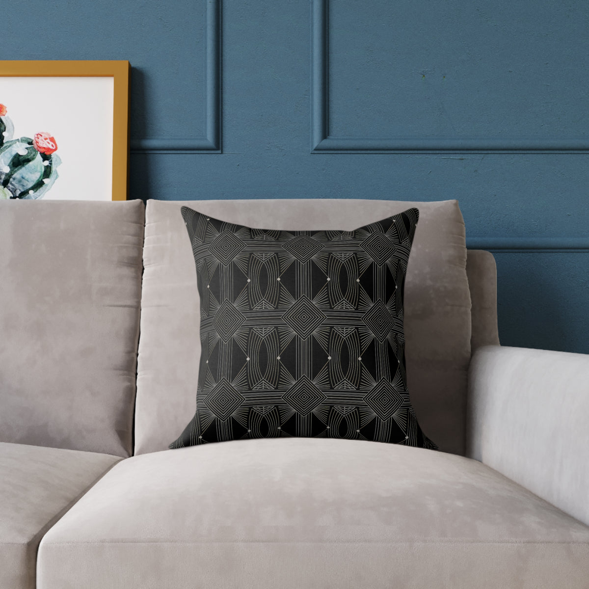Geometric Black Tile Pattern Square Poly Canvas Pillow | Modern Decorative Throw