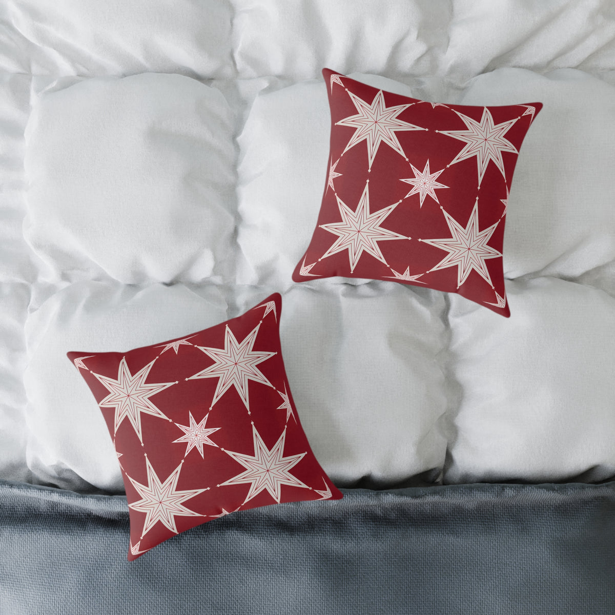 Ivory Starburst Pattern Square Pillow | Red Holiday Throw Cushion