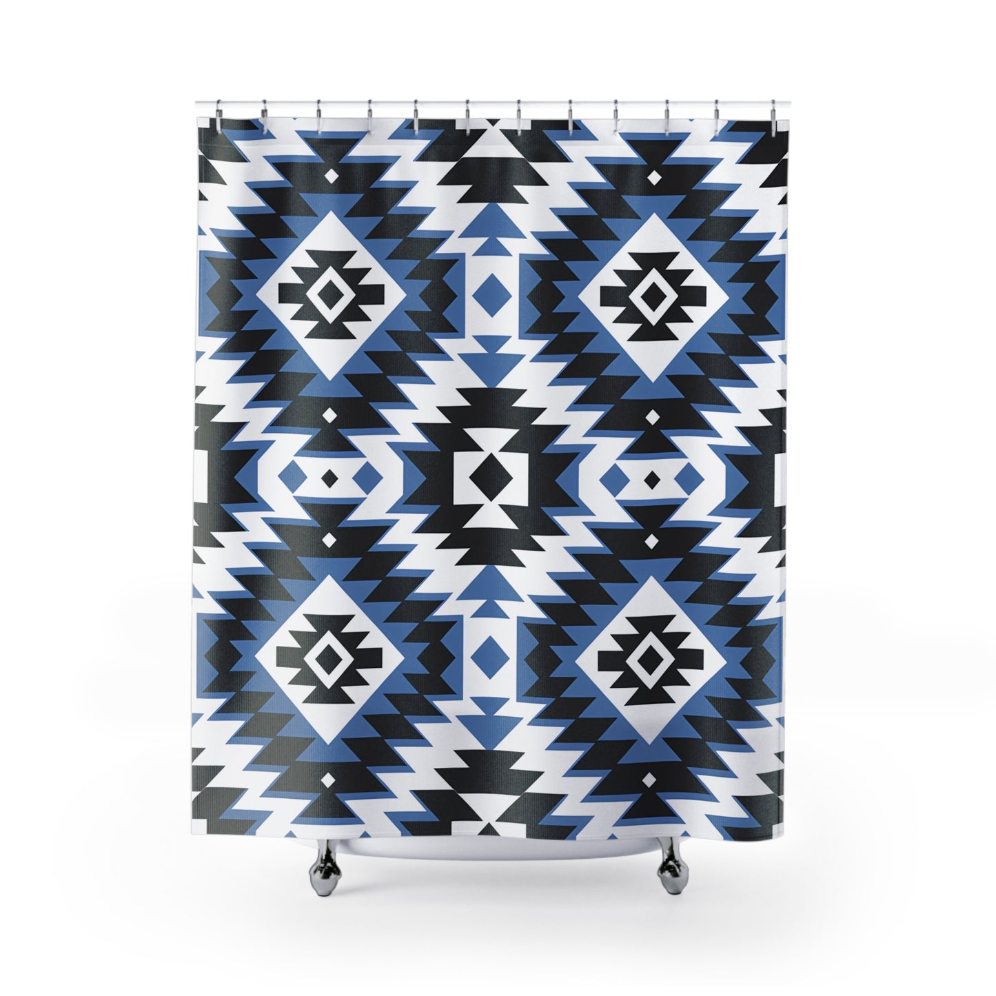 Geometric Pattern Shower Curtain, Boho Bathroom Decor, Modern Tribal Design, Blue and Black, Eco-Friendly Fabric - LOLA VEGAS ART