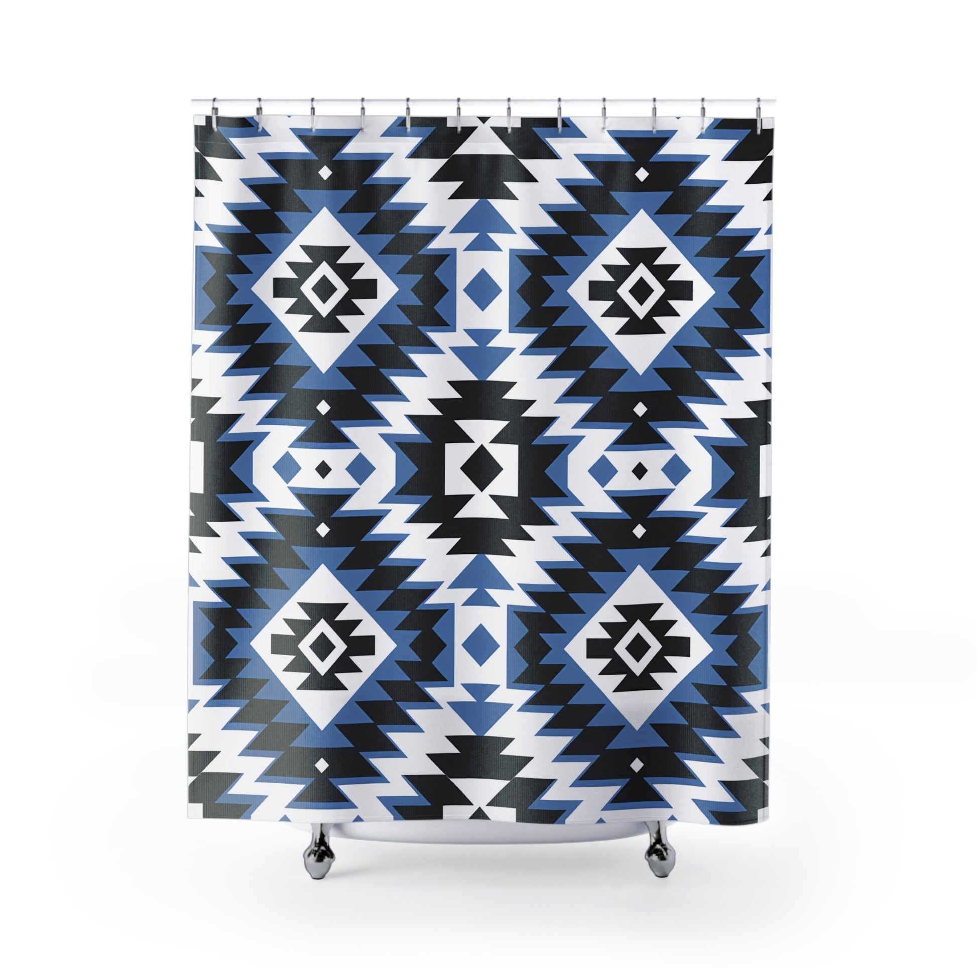 Geometric Pattern Shower Curtain, Boho Bathroom Decor, Modern Tribal Design, Blue and Black, Eco-Friendly Fabric - LOLA VEGAS ART