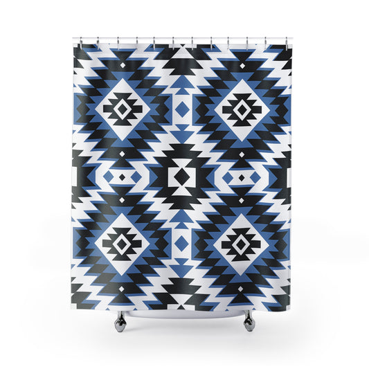 Geometric Pattern Shower Curtain, Boho Bathroom Decor, Modern Tribal Design, Blue and Black, Eco-Friendly Fabric - LOLA VEGAS ART