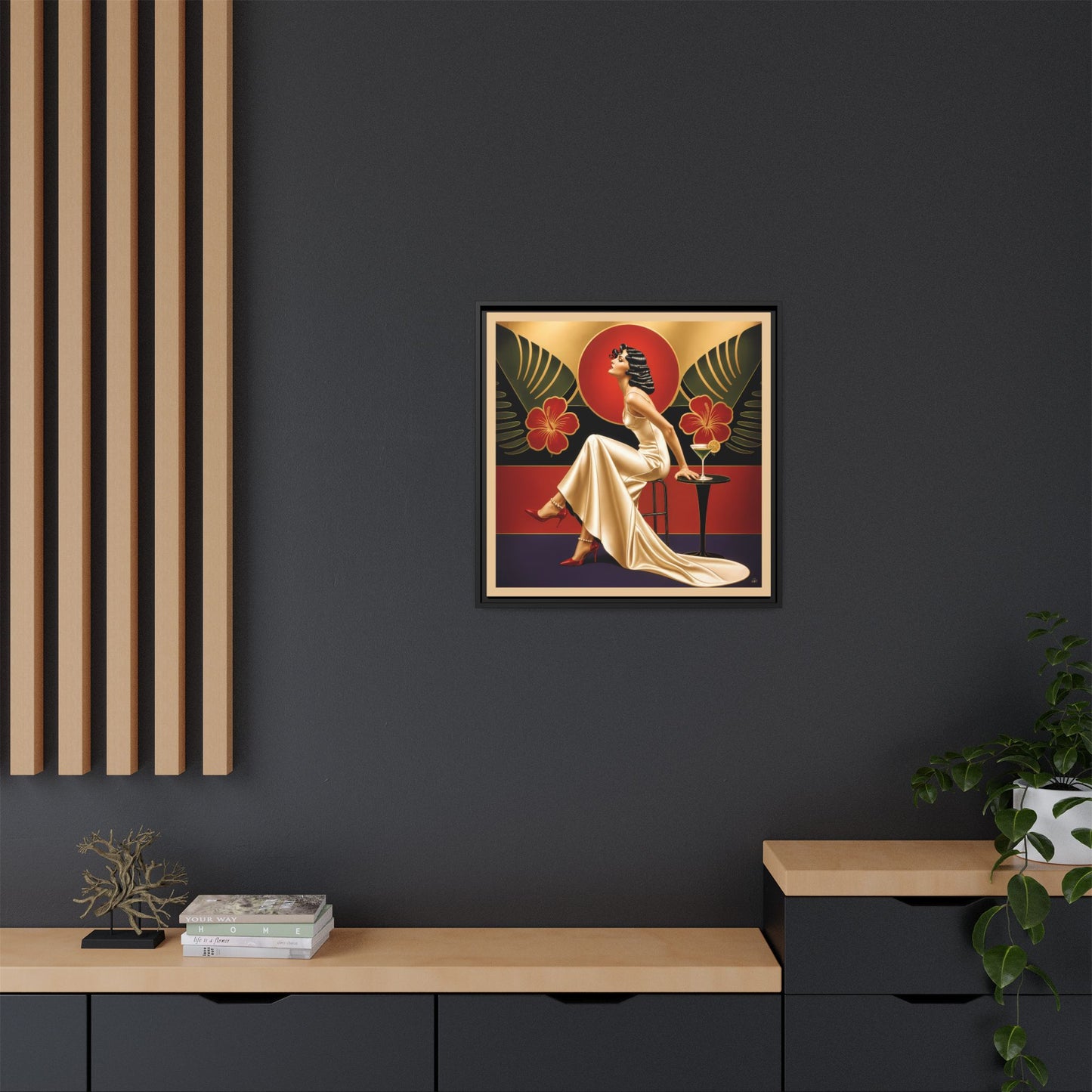 Art Deco Lady Red Green Beige Tropical Canvas Framed Wall Art | Matte Print