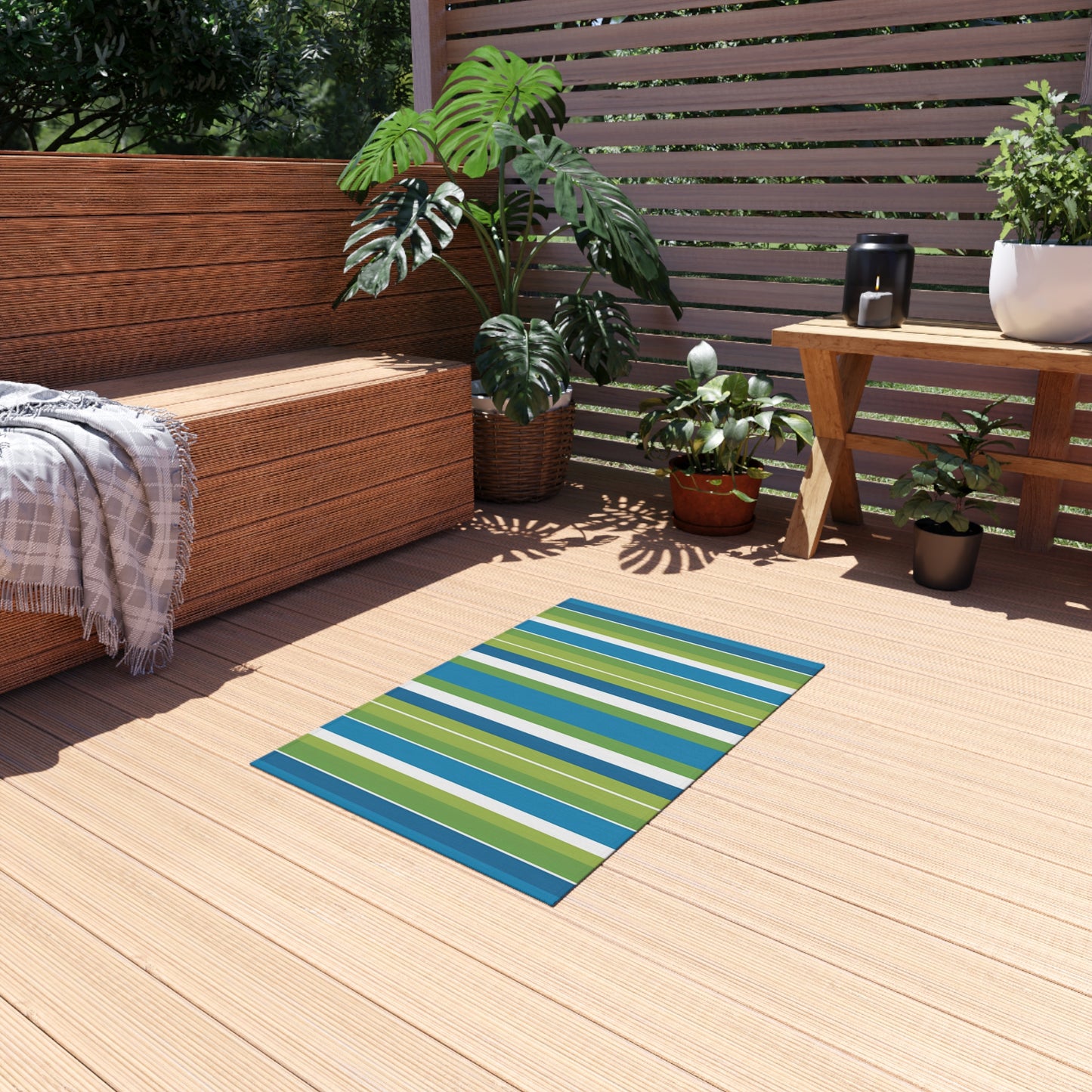 Blue Green Stripe Outdoor/Indoor Rug | Coastal Patio Floor Mat