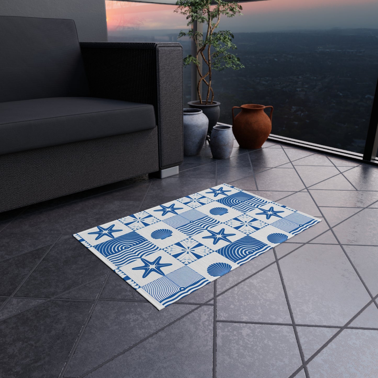 Nautical Seashell Starfish Checkered Outdoor/Indoor Rug | Coastal Patio Mat