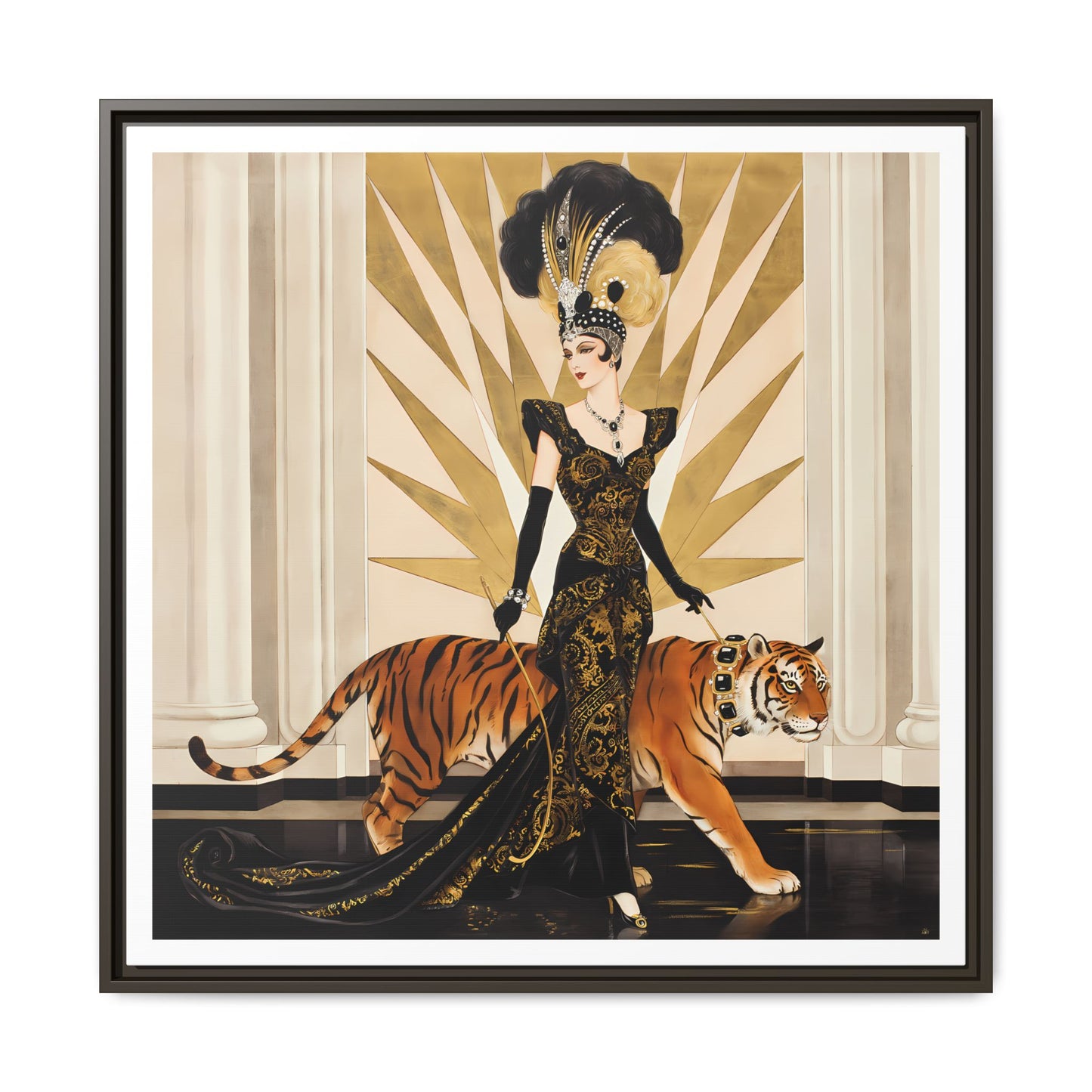 Art Deco Showgirl with Tiger Matte Canvas Framed Print