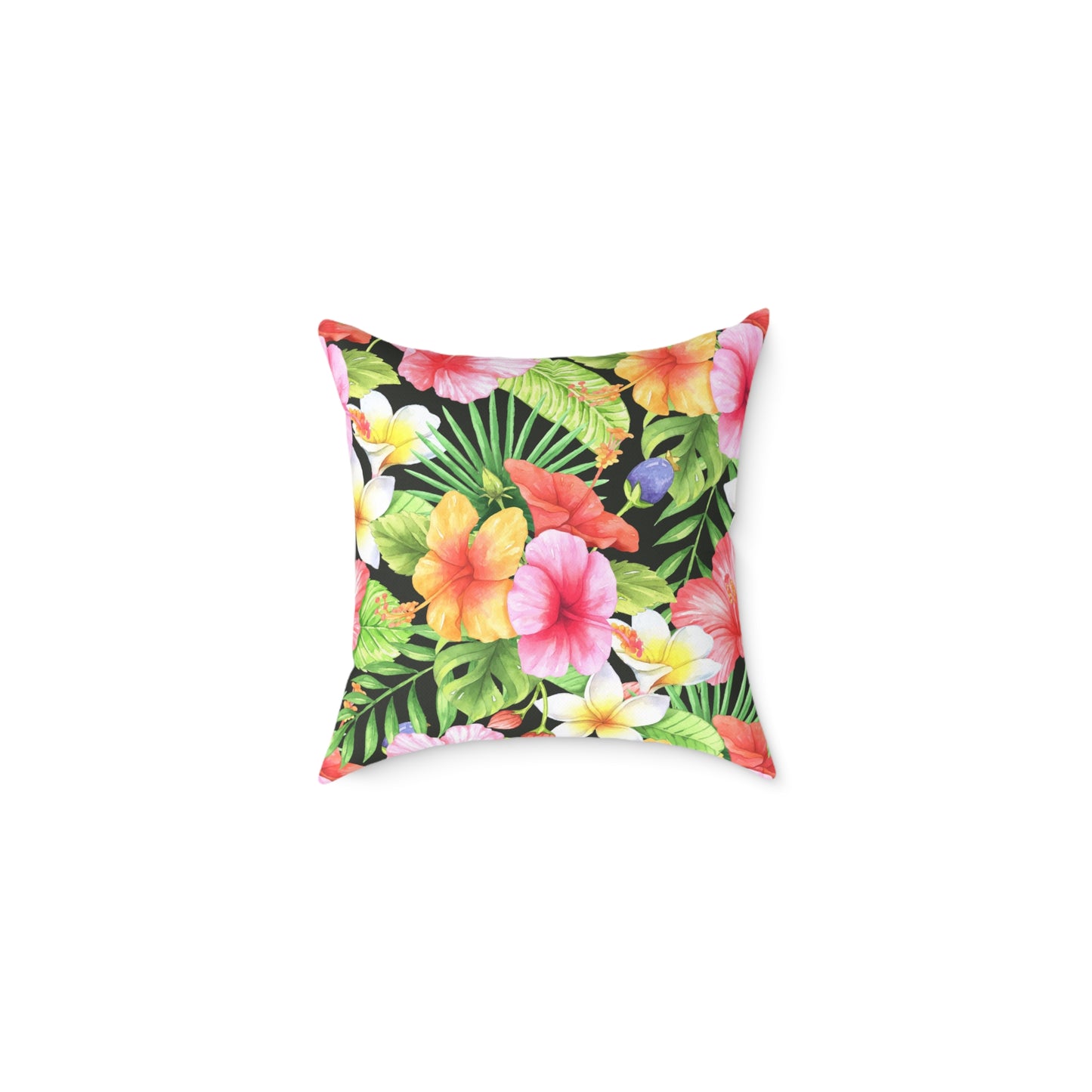 Tropical Pink Yellow Green Hibiscus Floral Square Pillow | Hawaiian Leaves Pattern