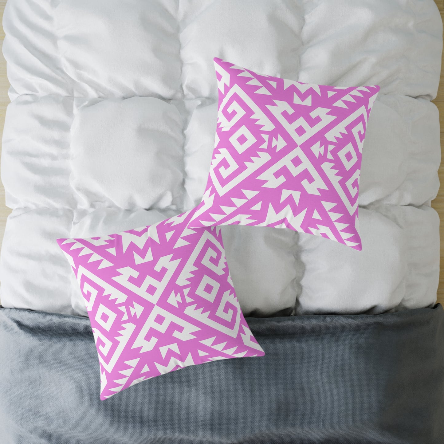 Pink White Boho Geometric Aztec Pattern Pillow | Square Pillow