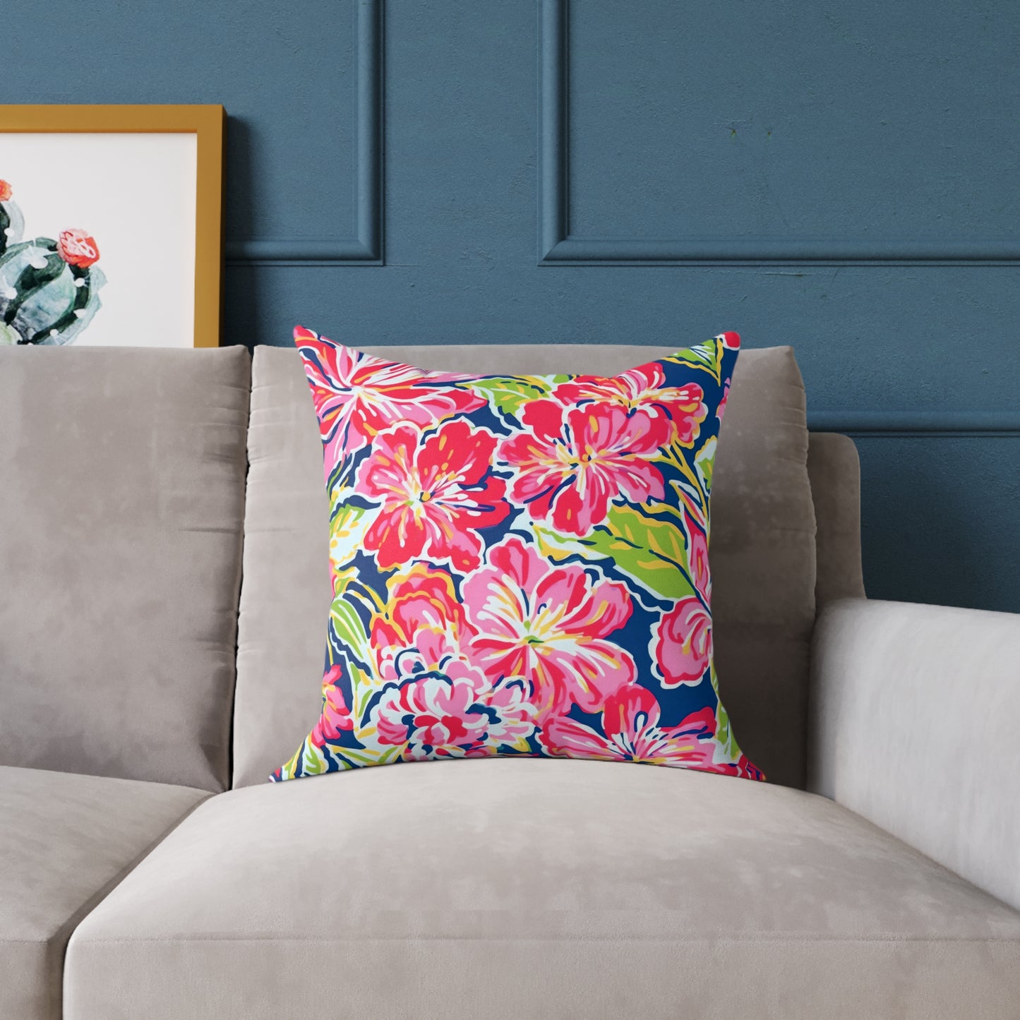 Pink Red Green Blue Tropical Hibiscus Floral Pillow | Square Poly Canvas Pillow