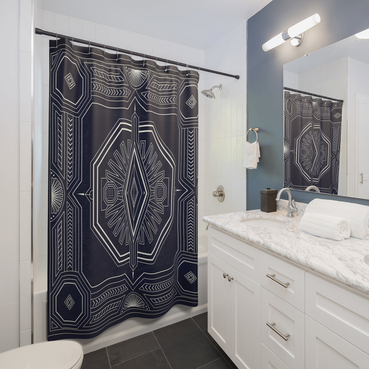 Art Deco Geometric Shower Curtain | Navy White Pattern, Bathroom Decor