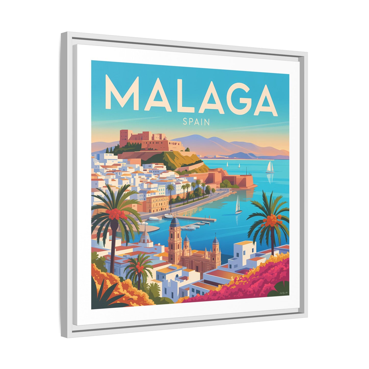 Malaga Spain Coastal  Matte Canvas Framed Wall Art| Vintage Style Travel Art