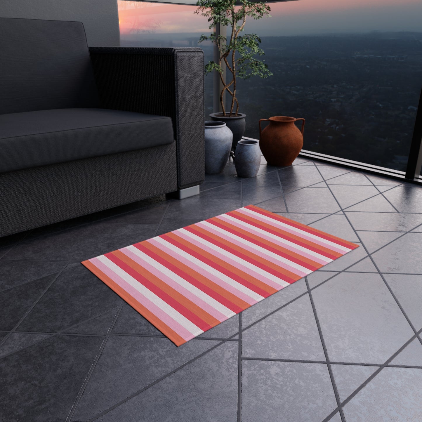 Pink Red Orange White Striped Outdoor/Indoor Rug | Patio Mat, Waterproof Deck Rug