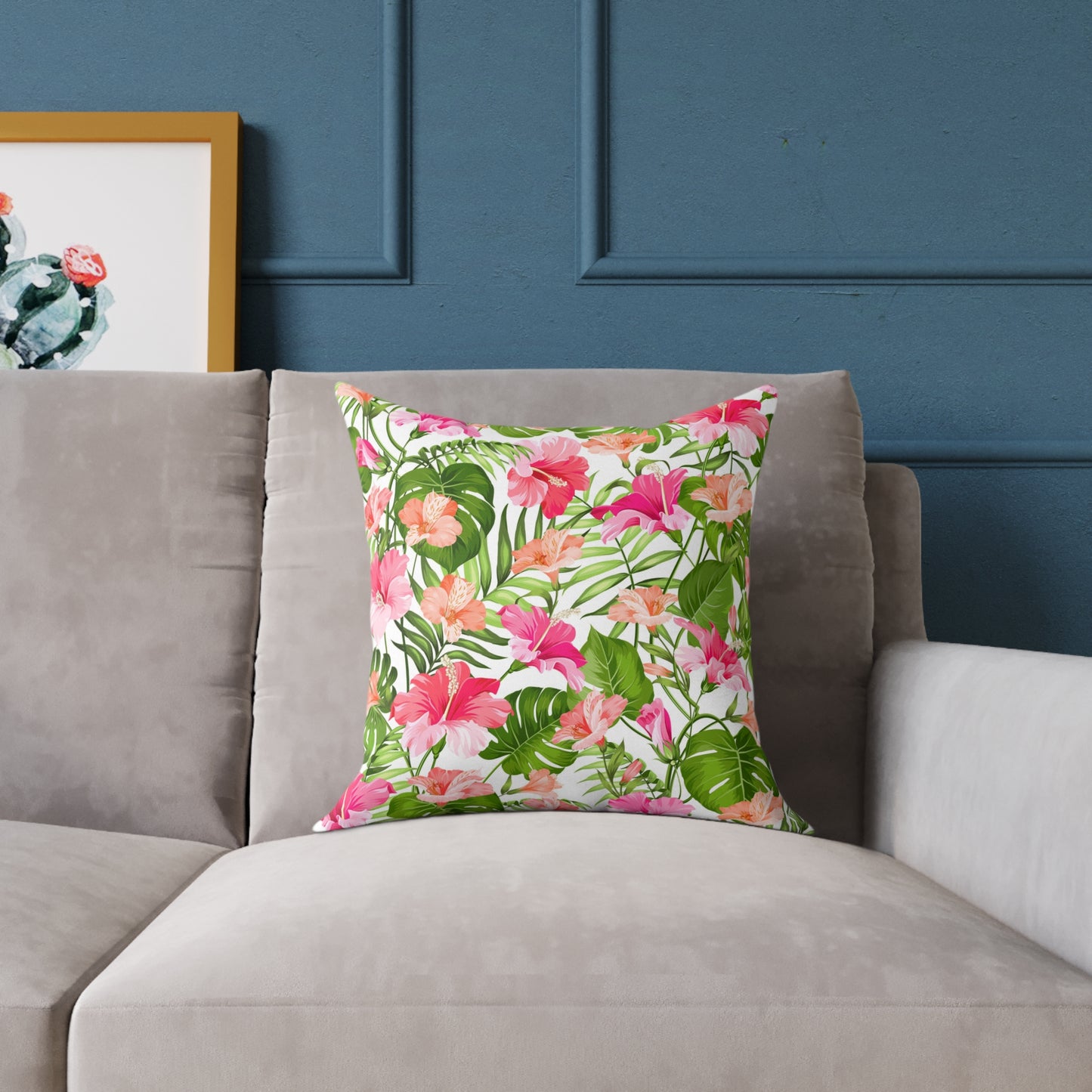 Pink Tropical Hibiscus Floral Square Pillow | Botanical Throw Cushion