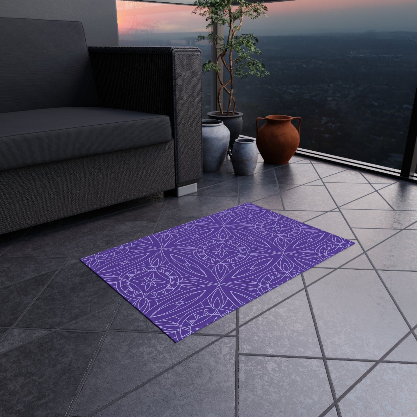 Geometric Floral Tile Indoor/Outdoor Rug | Purple Patio Mat
