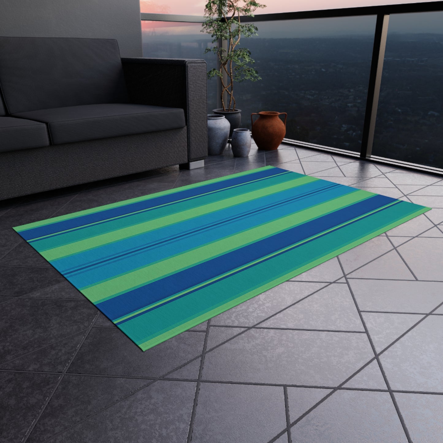 Blue Green Striped Outdoor Rug | Indoor Rug