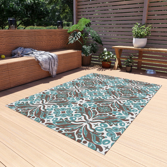 Turquoise, Brown and White Stylish Outdoor Rug for Patios, Boho-Chic Deck Decor, Cozy Garden Area, Perfect for BBQs and Gatherings - LOLA VEGAS ART