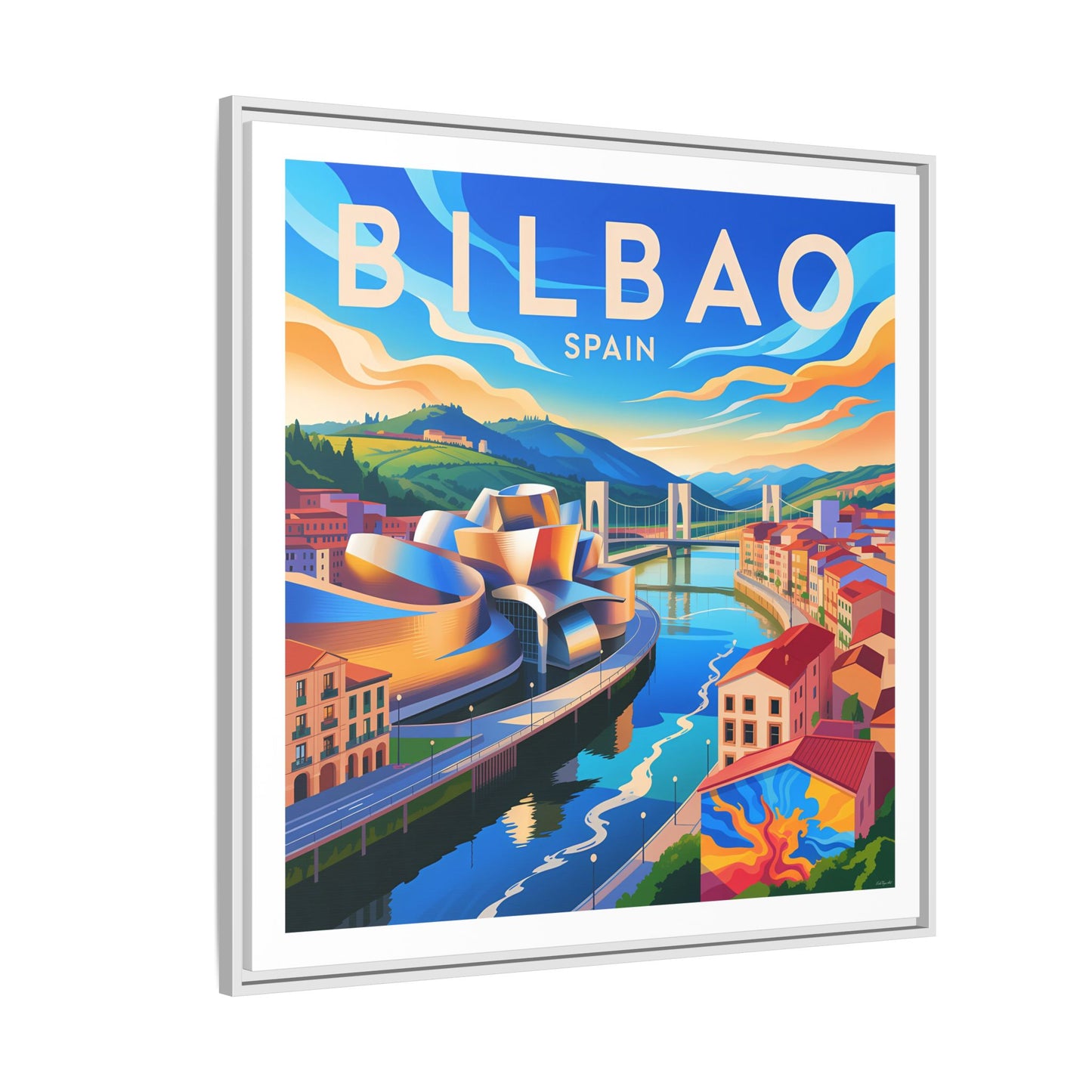 Bilbao Spain travel art Matte Canvas Framed | Bilbao cityscape wall art