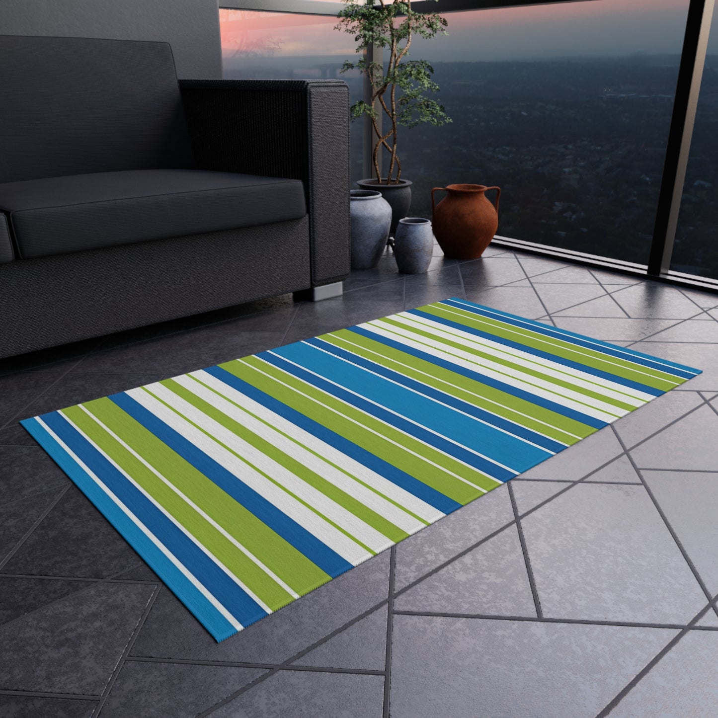 Blue Green Striped Outdoor/Indoor Rug | Patio Mat