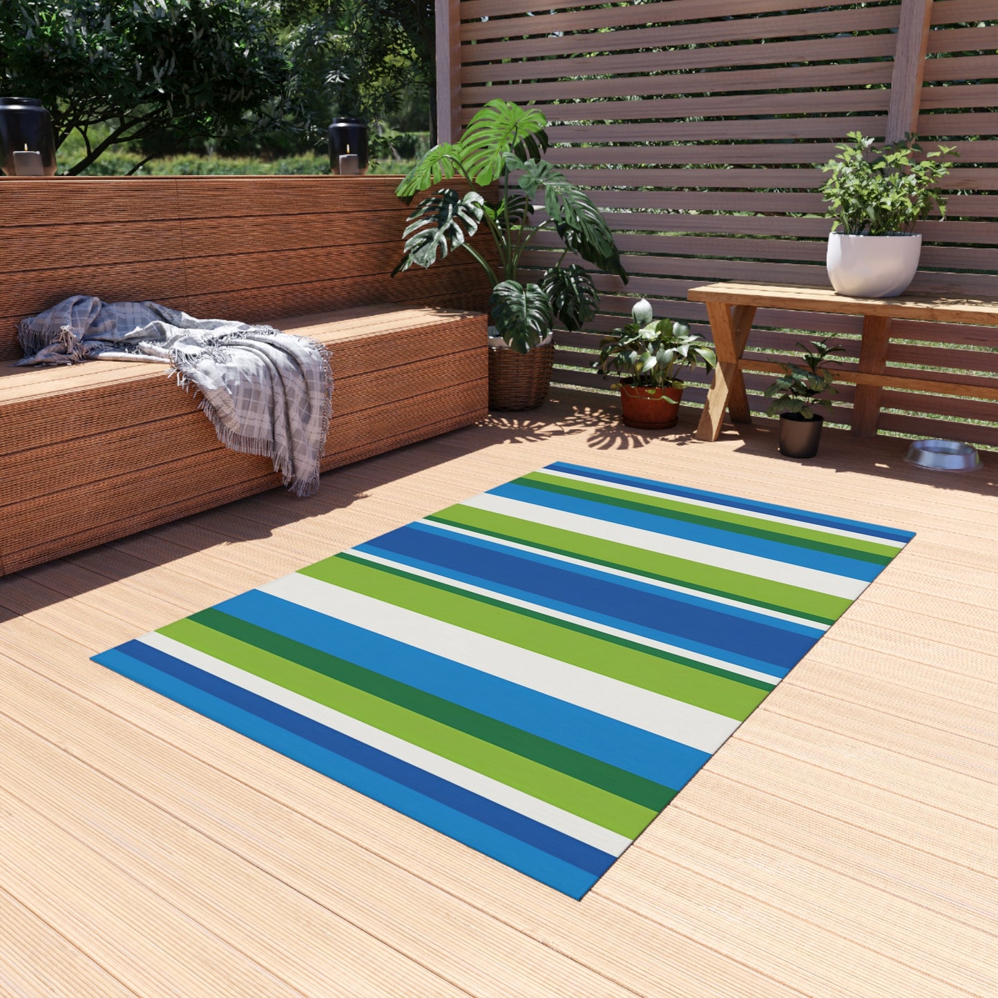 Blue Green Stripe Outdoor/Indoor Rug | Striped Patio Mat, Weatherproof Porch Rug