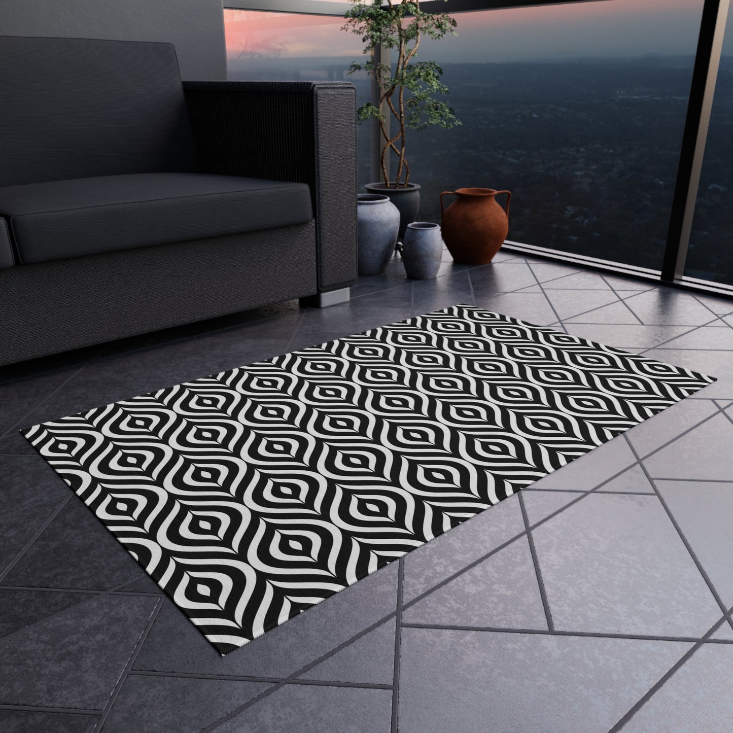 Geometric Black White Pattern Outdoor/Indoor Rug | Waterproof Patio Mat