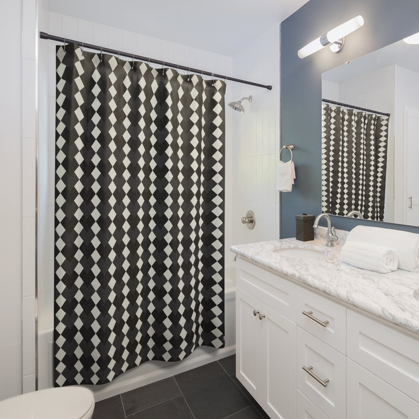 Black and White Geometric Harlequin Shower Curtain | Modern Diamond Pattern, Eclectic Bathroom Decor