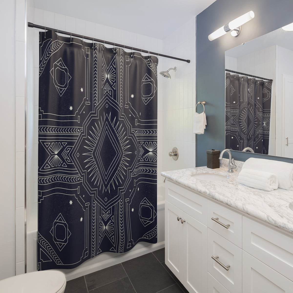 Art Deco Geometric Shower Curtain | Navy Diamond Pattern