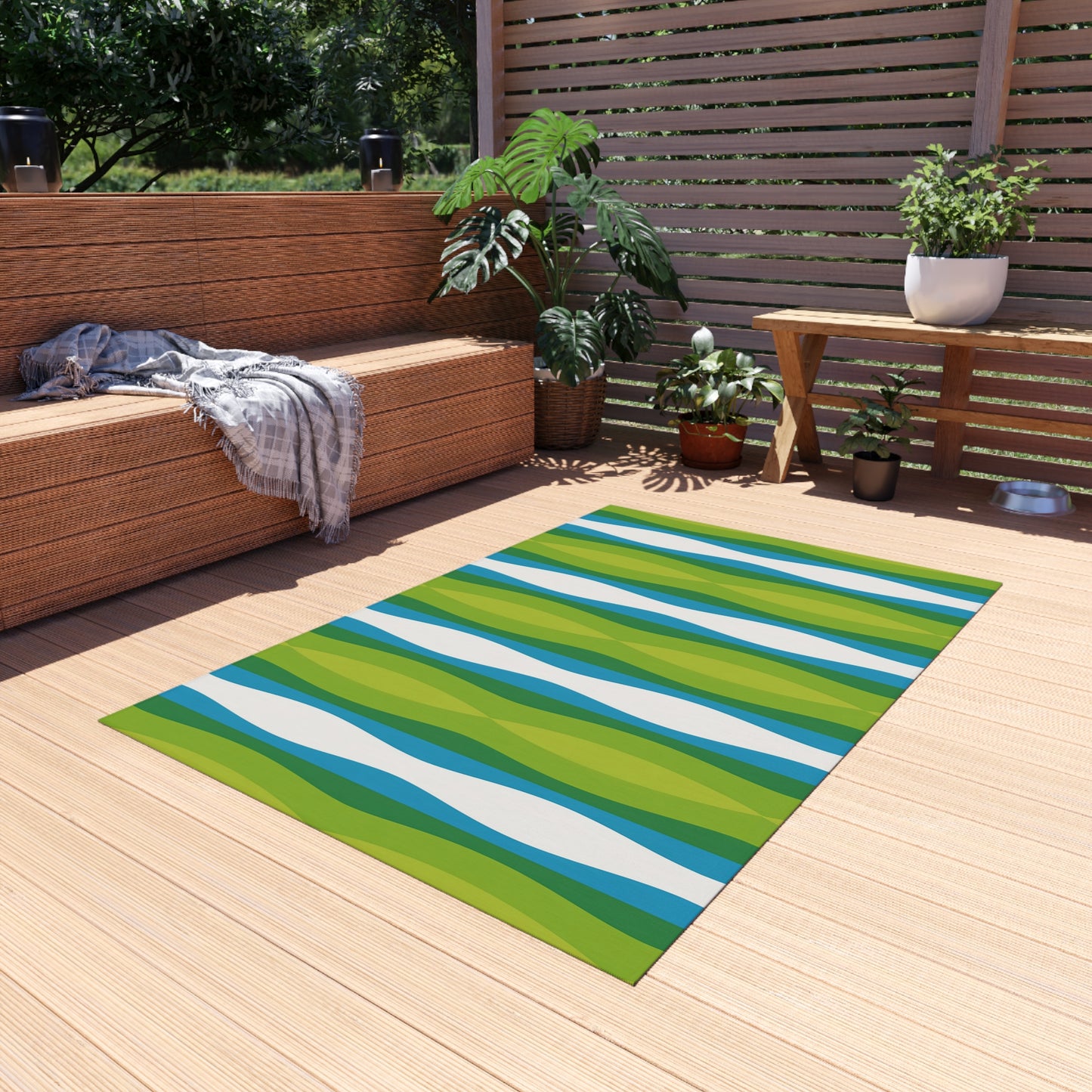 Green Blue White Wave Pattern Outdoor Rug | Striped Patio Mat