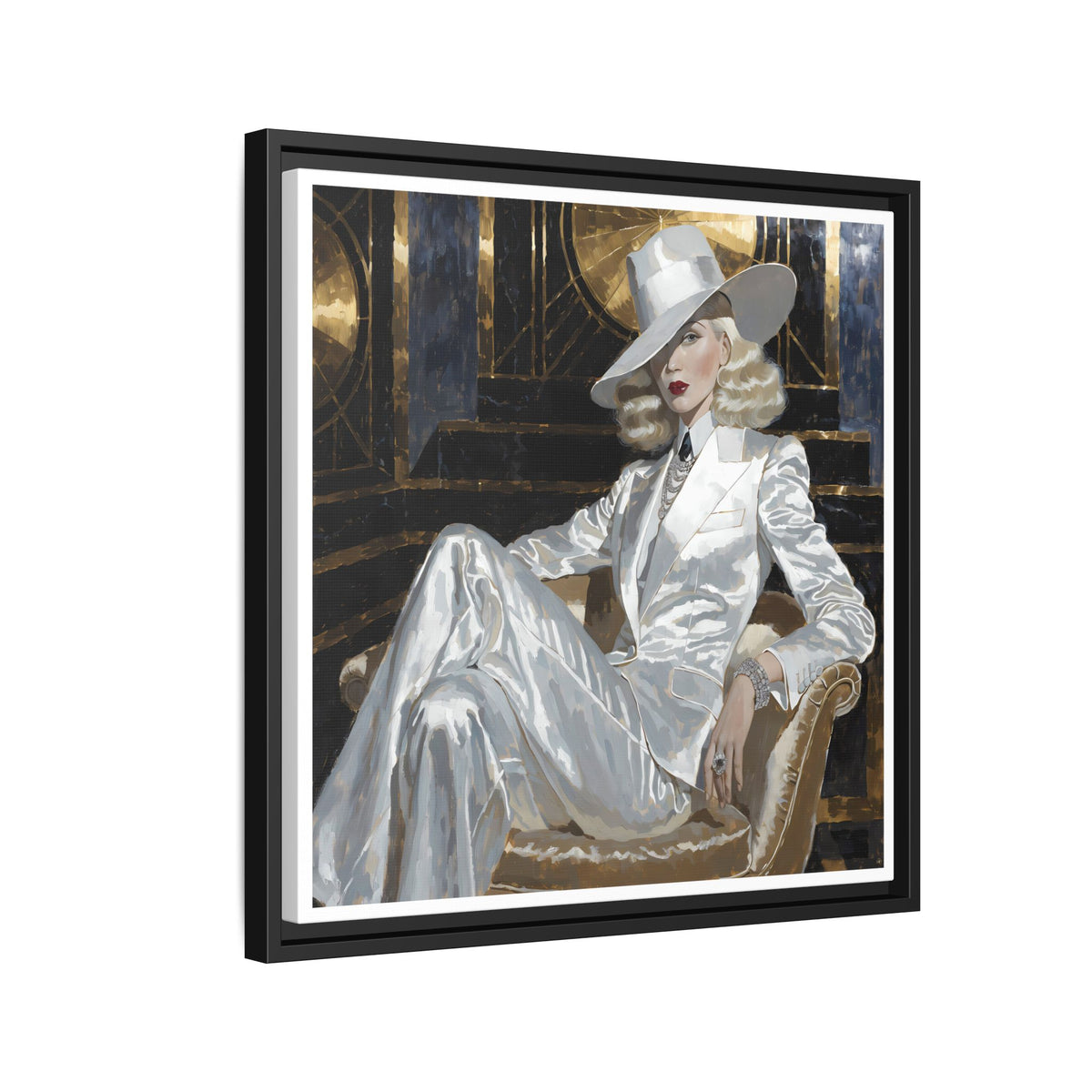 Woman in White Suit Art Print Matte Canvas, Framed | Glamorous Fashion Portrait