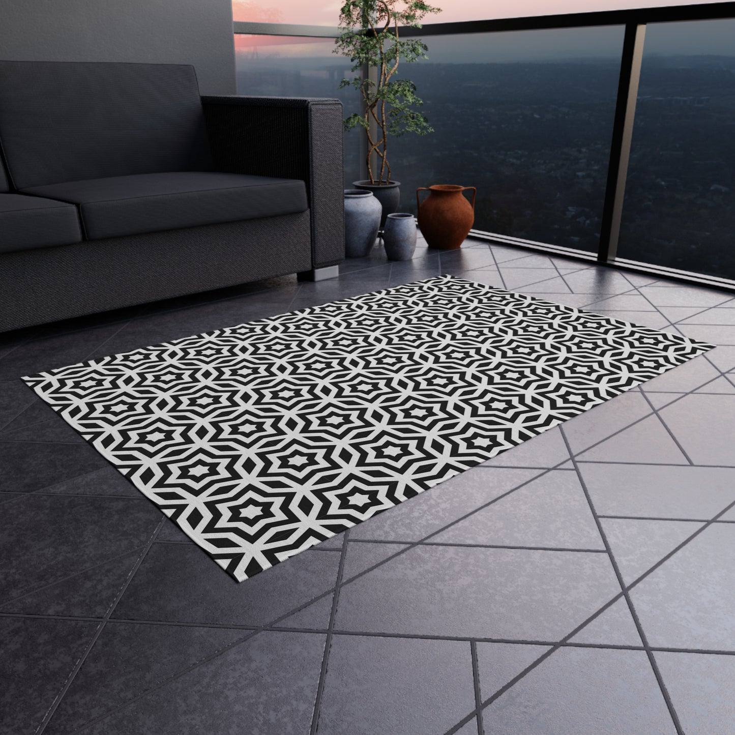 Black White Moroccan Tile Pattern Outdoor/Indoor Rug | Geometric Patio Mat