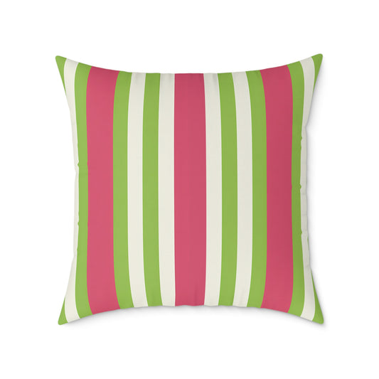 Watermelon Pink Green Vertical Stripe Pillow | Square Poly Canvas Pillow