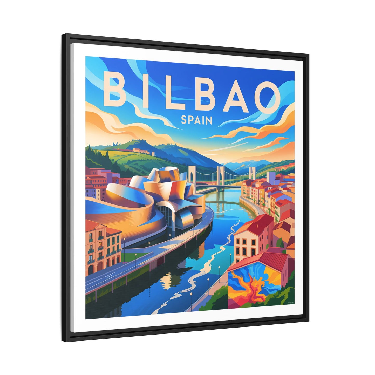Bilbao Spain travel art Matte Canvas Framed | Bilbao cityscape wall art