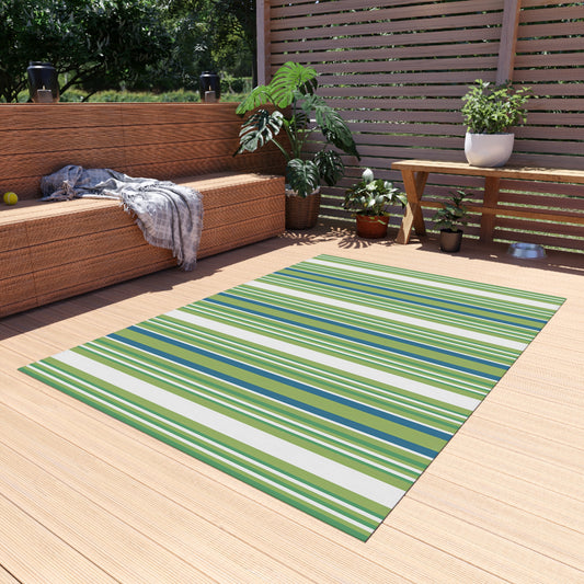 Green Blue White Stripe Outdoor Rug | Patio Mat, Weather-Resistant