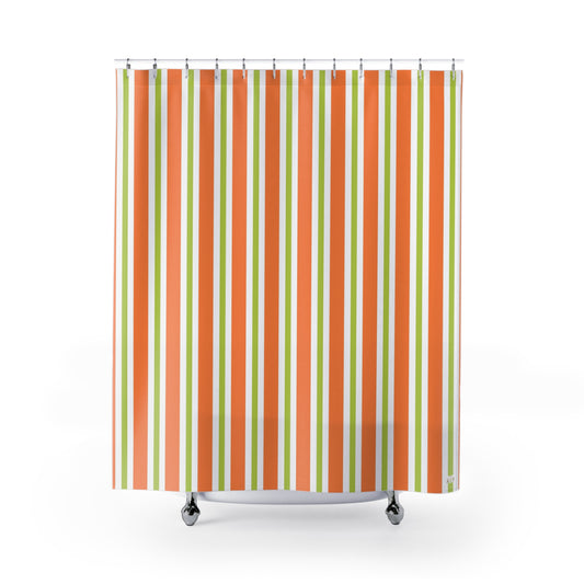 Orange Green Stripe Shower Curtain | Retro Vertical Stripes, Bathroom Decor