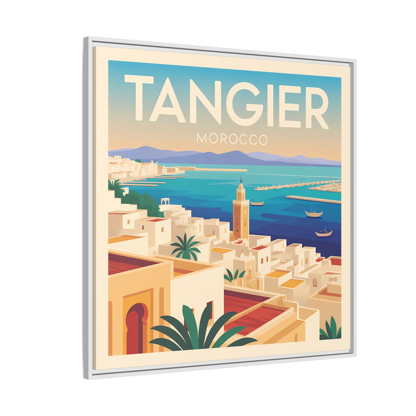 Tangier Morocco Travel Framed Wall Art Matte Canvas | Vintage Style Coastal Wall Art